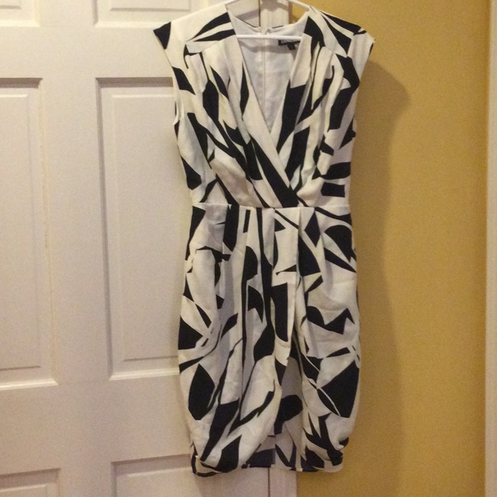 Express midi cream and black printed wrap dress, small.